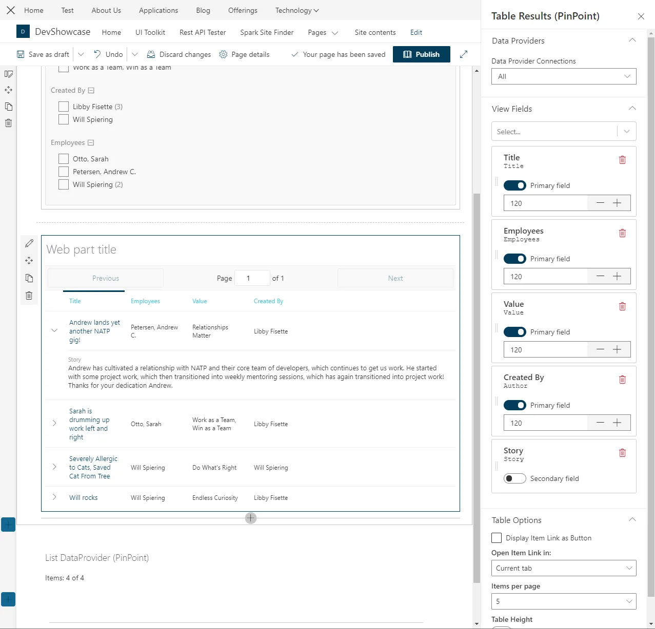 Pinpoint Table Results View